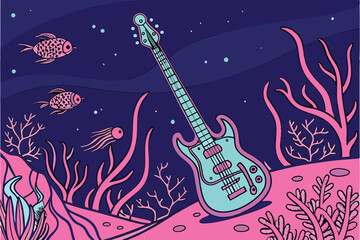  Electric guitar, cosmic design, glowing neon colors, underwater scene, coral reefs, starry night sky, bioluminescent, ethereal atmosphere, fantasy landscape, vibrant pink and blue hues, surreal art