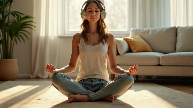 A serene indoor meditation scene featuring a woman sitting cross-legged in soft golden sunlight. A peaceful moment of mindfulness, relaxation, and inner balance in a cozy home setting. Generative AI