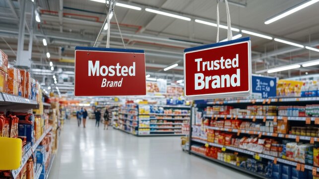 A store with two signs hanging from the ceiling that say "MOSTED BRAND"