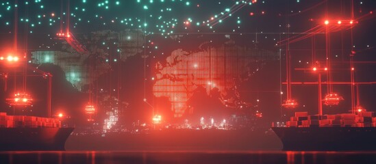 Fototapeta premium Abstract Global Logistics Network with Shipping Containers and World Map