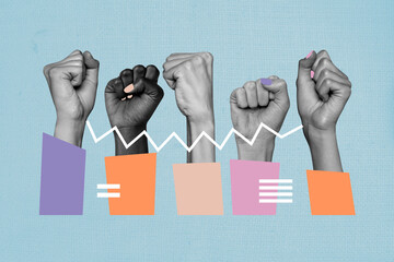 Creative poster collage of girls raise fists fight against sexism woman rights international day postcard weird freak bizarre unusual