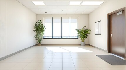 Bright Minimalist Office Hallway with Potted Plants
