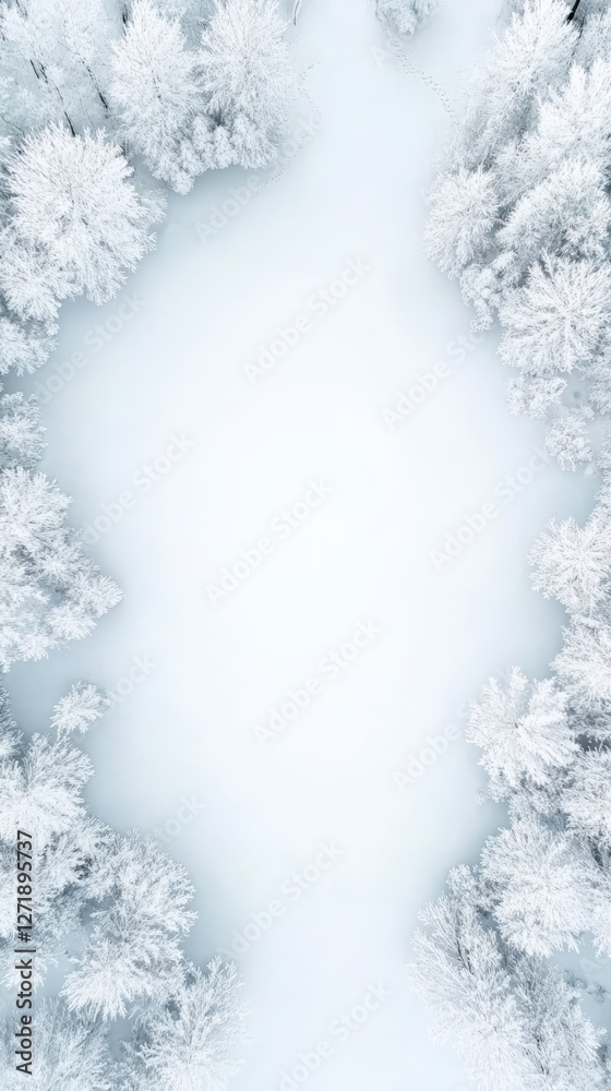 Poster aerial view of snow covered trees creating a natural frame around a pristine expanse of white snow, 