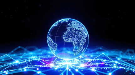 Obraz premium globe with maps of continents with glowing lines denoting state and country borders. Blue and orange glowing dots can be seen on the map denoting cities or grid. futuristic, high-tech look.