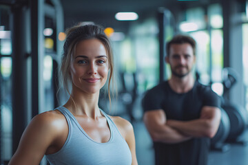 Obraz premium sporty woman and muscular man in sport gym on background