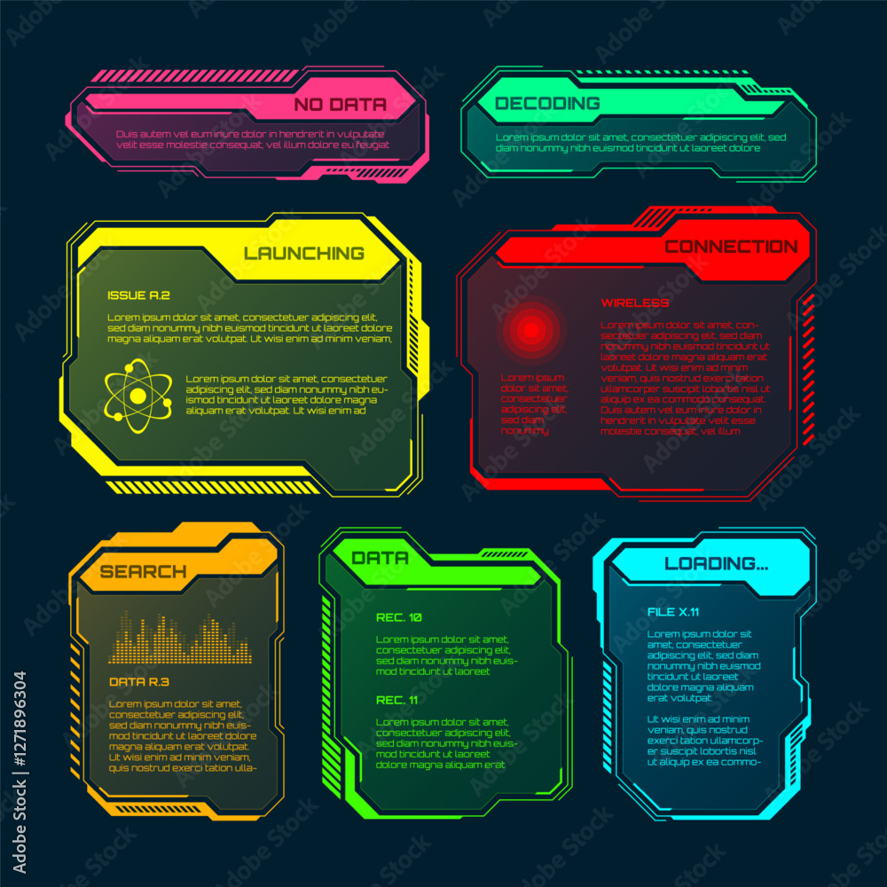 Poster futuristic hud or ui elements. sci-fi user interface text boxes, callouts. colorful warning message 