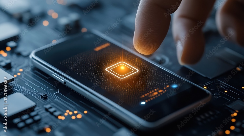 Aufkleber A hand is pointing at a cell phone that is glowing with a square on it