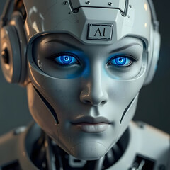A futuristic, humanoid robot with realistic skin texture and a blue glowing eye.