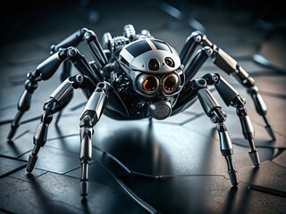 Fototapeta premium Futuristic Black and White Robot Spider, Sci-Fi Mechanical Insect, Modern Technology, Cyberpunk Arachnid