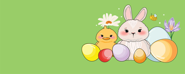  Green copy space banner with an Easter bunny, duck, and colorful eggs in a cute, cartoon style