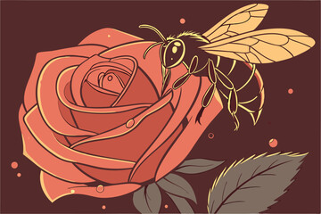  Macro photography, detailed insect, bee with intricate wings, perched on vibrant red rose, dewdrops, dark background, hyper-realistic, dramatic lighting, textured petals, nature close-up, golden hi