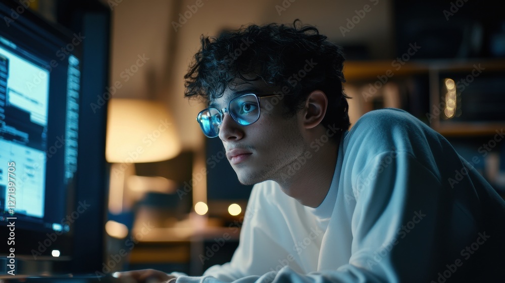 Aufkleber a young man is sitting in front of a computer monitor with his head tilted down