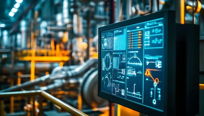 A close-up of an industrial control screen displaying various data metrics and graphs, showcasing advanced technology in a factory environment