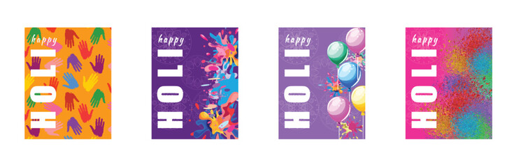 Obraz premium Collection of four vibrant Holi festival cards featuring colorful hands, balloons, and powder splashes