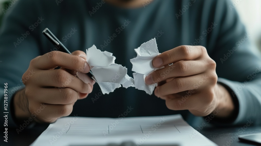 Poster a man is holding a pen and a piece of paper that is torn in half