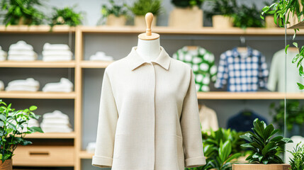 Fashion display of elegant coat in trendy boutique indoor close-up style