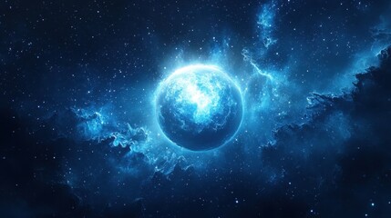 Obraz premium Luminous blue planet surrounded by a swirling cosmic nebula