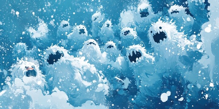 A group of furry snow monsters gathers in a blizzard