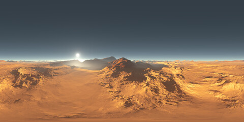 Naklejka premium 360 Panorama of Mars-like desert Exoplanet sunset, environment map. Equirectangular projection, spherical panorama, 3d rendering