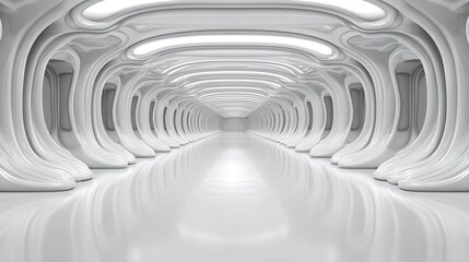 Obraz premium White futuristic tunnel hallway, smooth walls, bright lights, interior design, architectural background, possible use in advertising