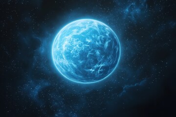 Fototapeta premium A brilliant blue alien planet glows in the dark universe