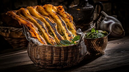 Grilled Indian Bread with Aromatic Herbs and Spicy Dip - A Culinary Masterpiece
