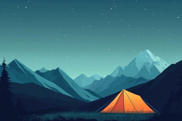 Camping under a starry night sky with a bright tent near snowy mountains. Generative AI
