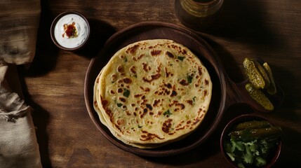 Aromatic Indian Flatbread with Pickles and Yogurt Dip - A Culinary Delight