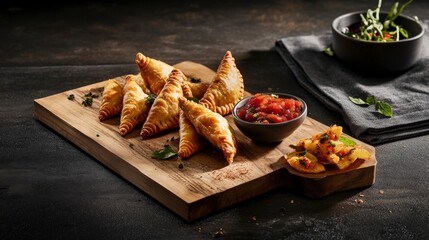 Golden Triangle Pastries with Spicy Salsa: A Delicious Appetizer Platter