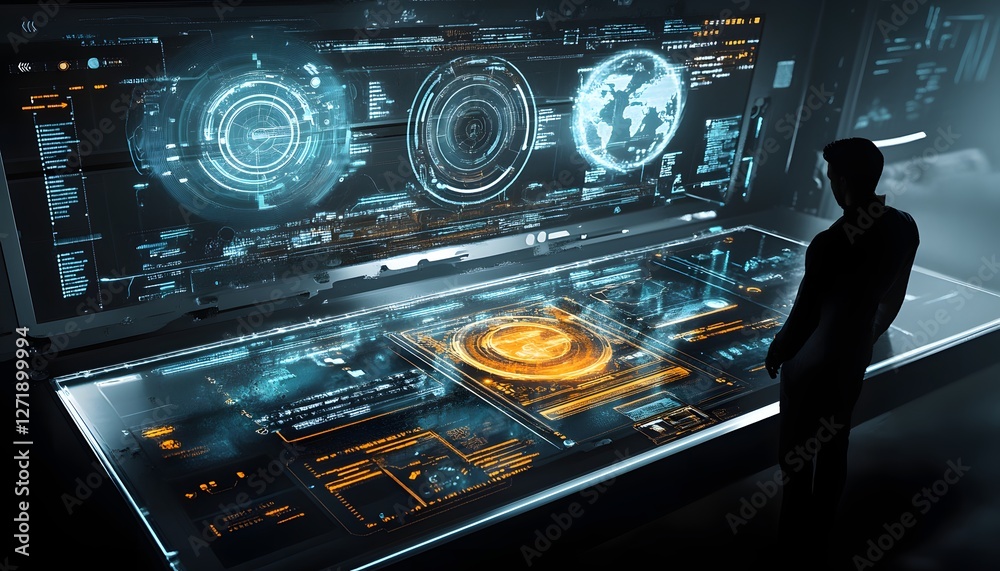 Poster a futuristic interface showcasing advanced data visualization and monitoring systems in a sleek work