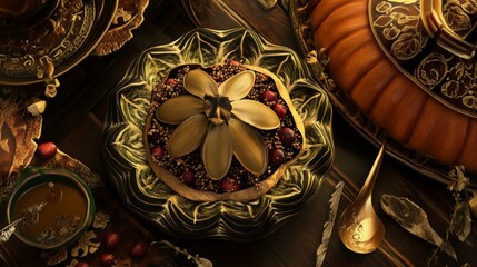 Golden Autumnal Feast: Exquisite Food Arrangement with Ornate Bowls and Decorative Elements