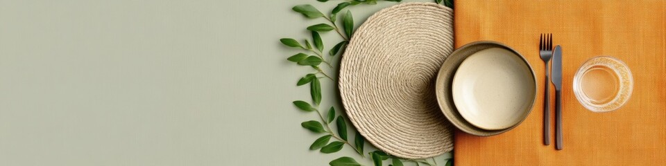 Rustic Minimalist Dining Woven Placemat and Earthy Dishware on Linen - Communal Gathering Design and Casual Dining Experience for Hospitality Branding