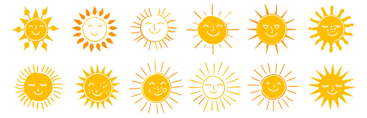 Vector Hand Drawn Sun, Yellow Sun Icons Set, Cute Summertime Icons, Sun Drawing Collection, Summer Concept Illustration, Bright Sun Symbol, Sun Icon Design