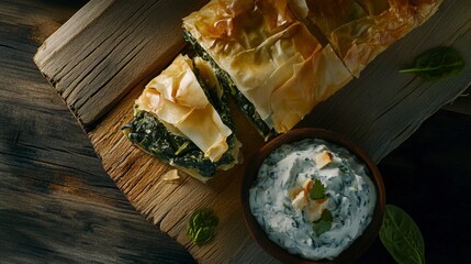 Scrumptious Spinach and Feta Phyllo Pie with Creamy Herb Dip