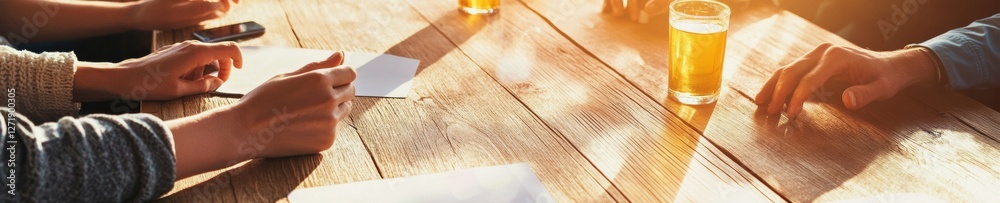 Poster rustic collaborative workspace sunlit wooden table with beverages and documents - boosting team syne