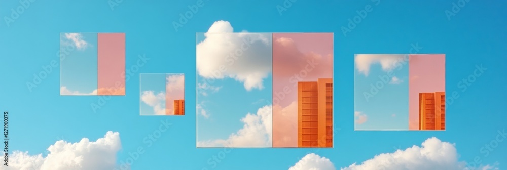 Poster abstract climate mirrorscape reflective panels with clouded skies and orange structures - visual art