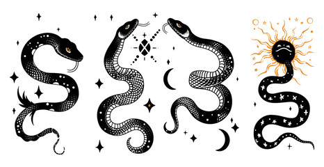 Naklejka premium Vector illustration snake set, mystical magic objects, moon, eyes, sun, constellations, stars, spiritual symbols, occultism, esoteric objects, astrology, witchcraft, moon phases