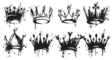Spray paint crowns, king queen prince crown vector, royal diadem, princess tiara, black ink, hand-drawn accessories, street art, grunge style, isolated on white © aura studio