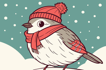  Cute chubby bird, red knit hat, red scarf, snowy background, teal gradient, bokeh snow effect, close-up portrait, realistic texture, adorable expression, winter theme, studio lighting, high detail,