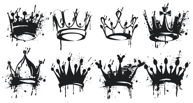 Spray paint crowns, king queen prince crown vector, royal diadem, princess tiara, black ink, hand-drawn accessories, street art, grunge style, isolated on white