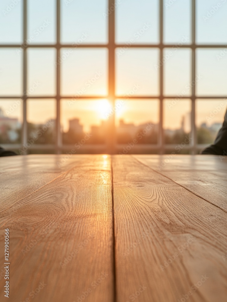 Leinwandbilder Sunlit Industrial Conference Room Rustic Wooden Table and Cityscape - Modern Business Collaboration and Professional Networking in Open Workspace Design