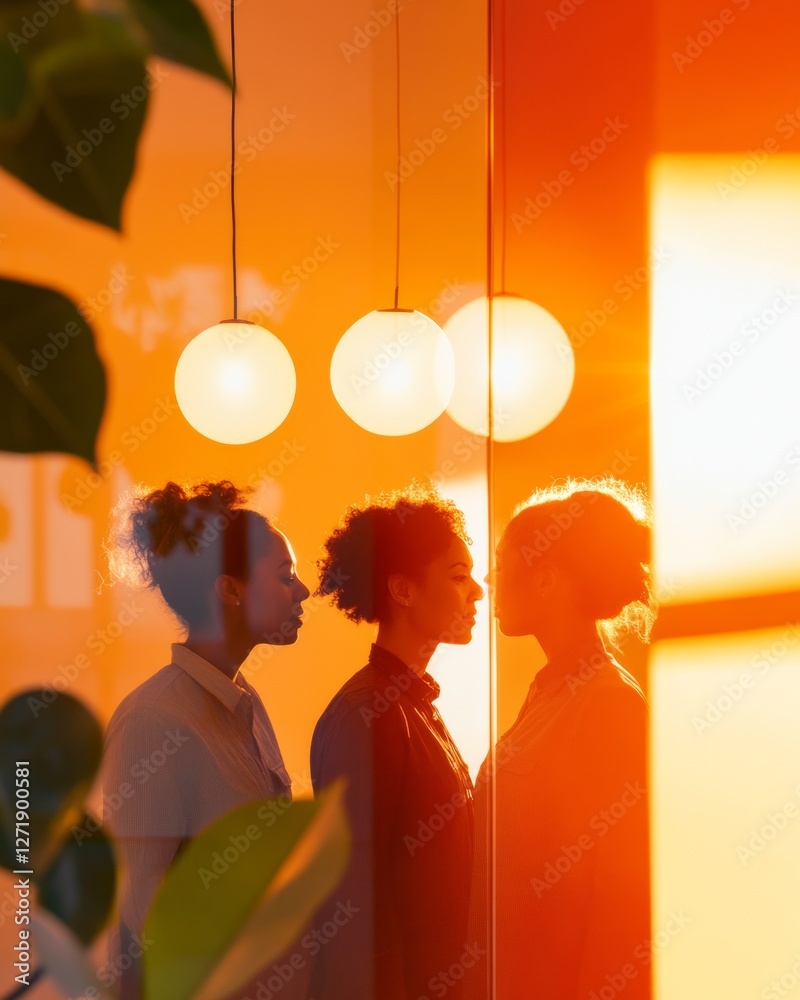 Poster Sunlit Collaborative Dynamics Diverse Team Huddle in Business Casual with Vibrant Lighting - Innovative Office Synergy for Modern Corporate Growth and Team Cohesion Strategy