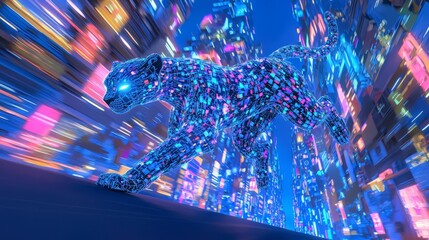 Futuristic glowing panther leaps through a vibrant neon cityscape.