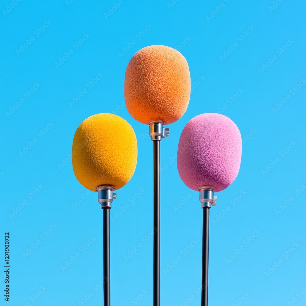 Aufkleber Bold Color Pop Microphone Array Against Clear Sky - Dynamic Event Coverage and Modern Media Setup for Vibrant Public Relations Visuals