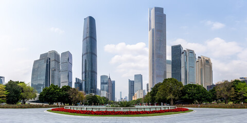 Fototapeta premium Guangzhou skyline cityscape panorama with skyscrapers in downtown in Guangzhou, China