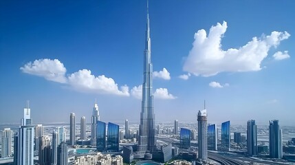 Fototapeta premium Tall Skyscraper in Modern City Under Blue Sky