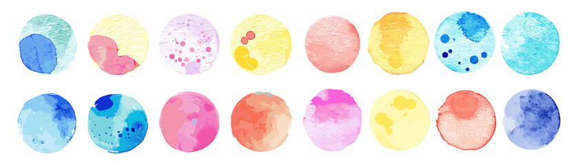 Multicolored watercolor illustration, vector circles collection, abstract art, colorful round design, hand-painted circles, vibrant art pieces, creative watercolor shapes