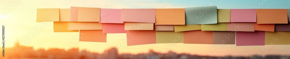 Aufkleber Vibrant Post-It Note Display Colorful Paper with Sunset Backdrop for Creative Brainstorming and Task Management - Inspiring Office Decor and Workflow Efficiency in Dynamic Workspaces