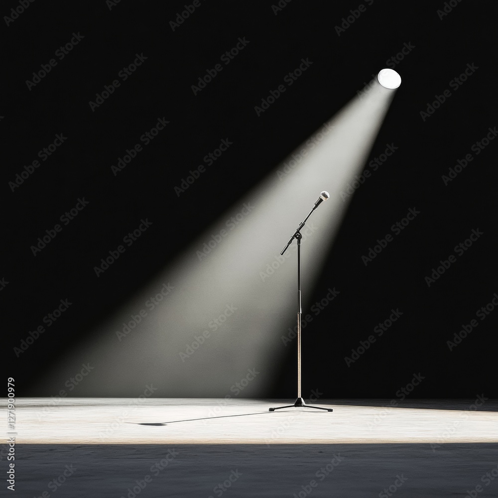 Poster minimalist event stage design standalone microphone and spotlight for emerging charity concerts - mo