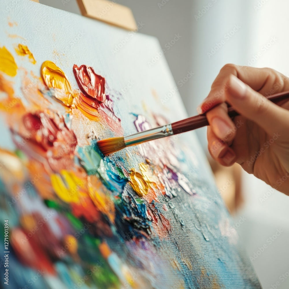 Poster Colorful Impressionist Canvas Vibrant Brush Strokes Capturing Creative Process for Artistic Workspaces - Modern Art Content and Dynamic Visual Storytelling
